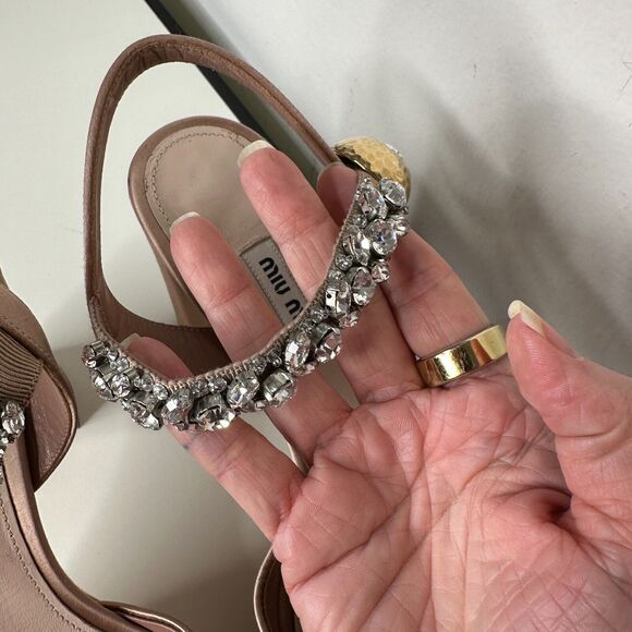 Miu Miu Nude Calzature Donna Satin Crystal Ankle Strap Platform Block Heels 10.5 - Picture 8 of 16
